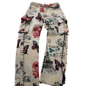 Paris Eiffel Tower Butterfly Tapestry Cargo Pants Cream Red Size 30 Streetwear